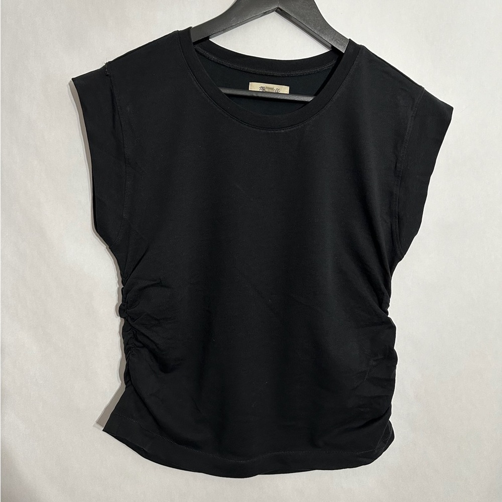 Madewell Black Ruched Side Short Sleeve Cotton Lyocell Tee Size Small Minimalist - Picture 2 of 7